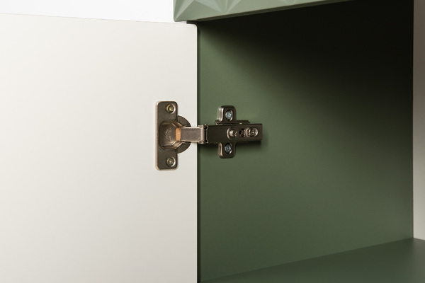 Шкаф-витрина Марион 16.397.01 дымчатый зеленый K521, олива шагрень AG 1050 ПВХ (собирается на любую сторону)