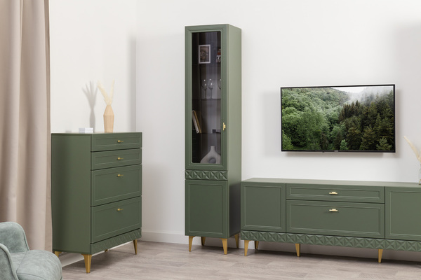 Шкаф-витрина Марион 16.397.01 дымчатый зеленый K521, олива шагрень AG 1050 ПВХ (собирается на любую сторону)