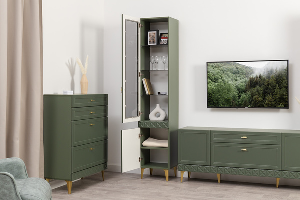 Шкаф-витрина Марион 16.397.01 дымчатый зеленый K521, олива шагрень AG 1050 ПВХ (собирается на любую сторону)