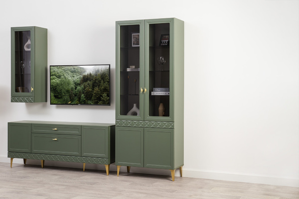 Шкаф-витрина Марион 16.397.02 дымчатый зеленый K521, олива шагрень AG 1050 ПВХ