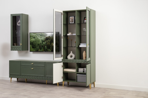 Шкаф-витрина Марион 16.397.02 дымчатый зеленый K521, олива шагрень AG 1050 ПВХ