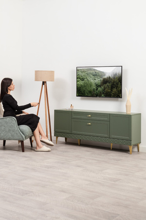 Гостиная Марион композиция 1 дымчатый зеленый K521, олива шагрень AG 1050 ПВХ, белый PE шагрень (собирается на любую сторону)