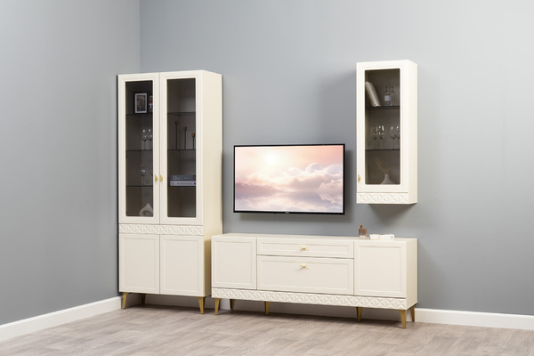 Гостиная Марион композиция 2 слоновая кость С341 PE, слоновая кость 6898 ПВХ, белый PE шагрень (собирается на любую сторону)