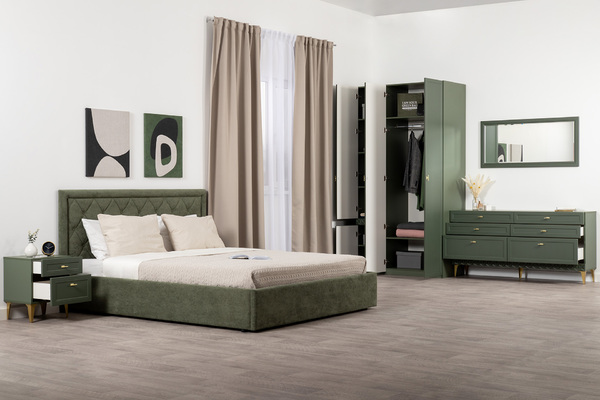 Тумба прикроватная Марион 16.14 дымчатый зеленый K521, олива шагрень AG 1050 ПВХ, белый PE шагрень